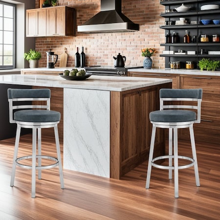 Armen Living Madrid 26" Counter Height Swivel Blue Faux Leather and Brushed Stainless Steel Bar Stool LCMABABSBLU26